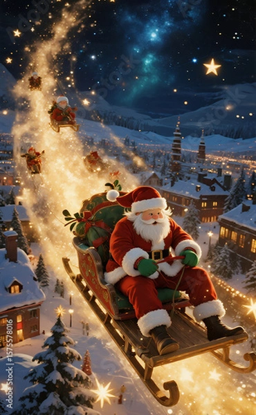 Fototapeta Santa's Grand Christmas Flight: Father Christmas Soaring in His Sleigh with Elves Through a Starry Night Over a Festive Snow-Covered Town