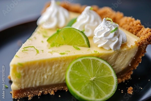 Fototapeta Delicious slice of lime pie cheesecake with whipped cream and lime garnish