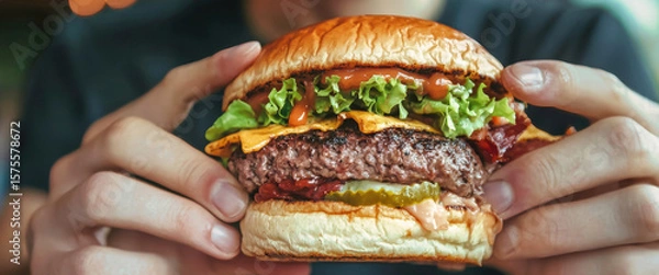 Fototapeta Delicious burger experience in a cozy cafe: a man savoring a juicy hamburger with fresh toppings
