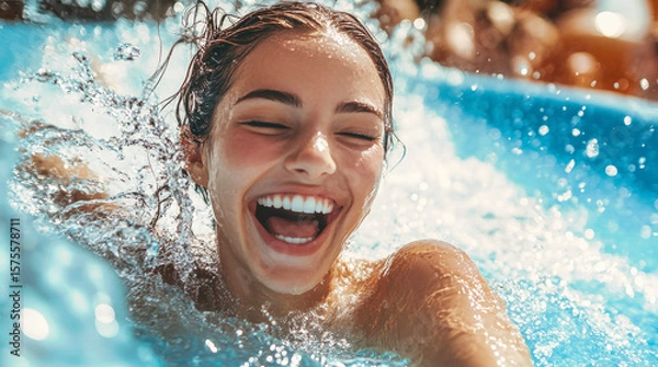 Fototapeta Exciting water slide adventure bringing joy and laughter on a summer day at the amusement park