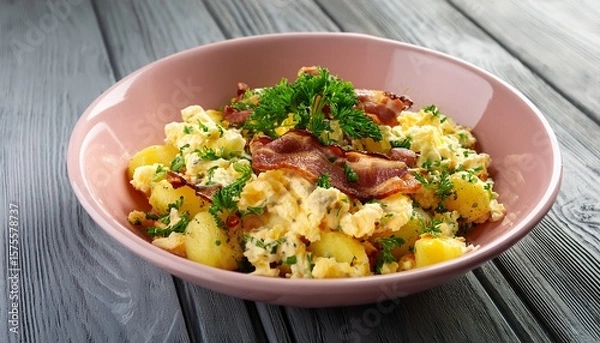 Obraz Potato sald with fresh herbs , scrambled eggs and bacon in a pale pink ceramic bowl on gray wooden table. Generated image