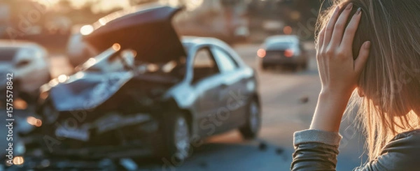 Fototapeta Woman in distress after car crash at busy intersection during golden hour with wrecked vehicle in background