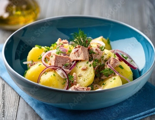 Obraz Potato sald with fresh herbs , tuna and red slcied onions in a pale blue ceramic bowl on gray wooden table. Generated image