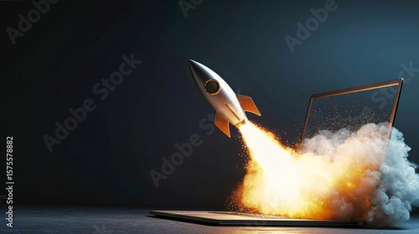 Fototapeta Rocket launching out of a laptop screen on a dark background with soft lighting and realistic details