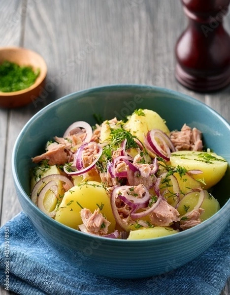 Obraz Potato sald with fresh herbs , tuna and red slcied onions in a pale blue ceramic bowl on gray wooden table. Generated image