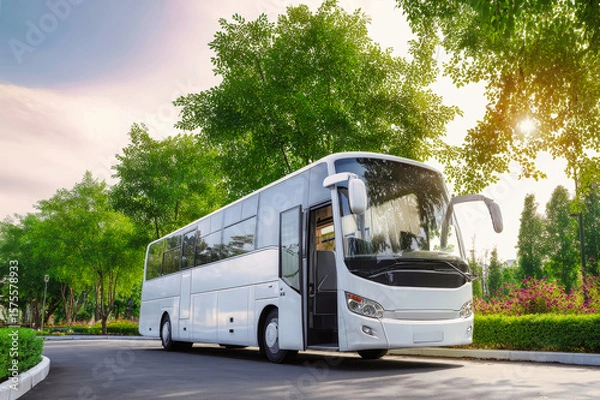 Fototapeta Modern tourist bus ready for guests in serene park setting by hotel or resort