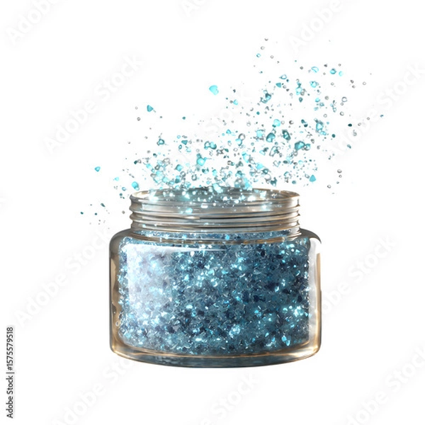 Fototapeta Glass Jar Filled with Sparkling Blue Crystals Bursting into Air Isolated on Transparent Background

