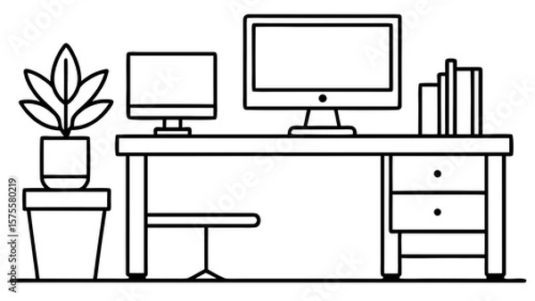Obraz Minimalist Line Art of Home Office Setup with Dual Monitors, Books, Plant, and Ergonomic Chair – Remote Work and Productive Lifestyle Concept