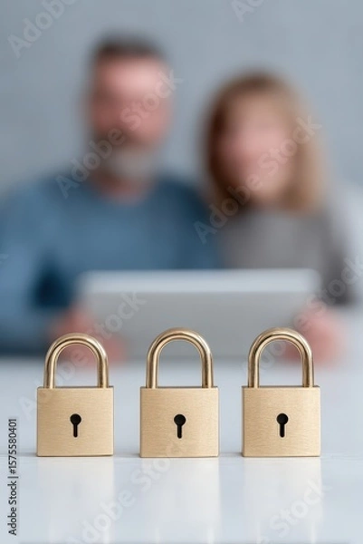 Fototapeta Diverse family engaged in a bonding activity while three golden padlocks symbolize protection and security in a minimalist setting. National Child Identity Theft Awareness Day