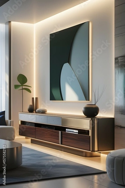 Fototapeta AI Generative. Modern Living Room Media Console with Abstract Art and Ambient Lighting. 1