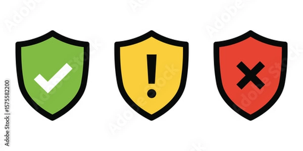 Fototapeta Flat Safe, Caution, and Unsafe Shield Icons with Tick, Exclamation, and Cross Symbols, Warning Labels for App and Website UI