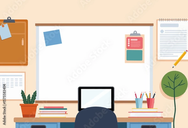 Fototapeta Workspace with desk, computer, plants, and blank wall for notes  