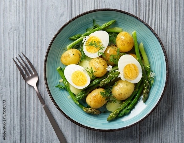 Obraz Potato sald with fresh herbs , eggs and green asparagus in a pale blue ceramic plate on gray wooden table. Generated image
