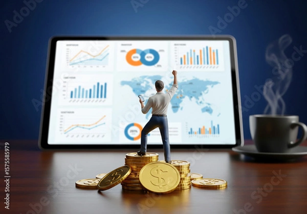 Obraz Miniature Businessman Virtual economic simulation, statistical graphs on tablet screen