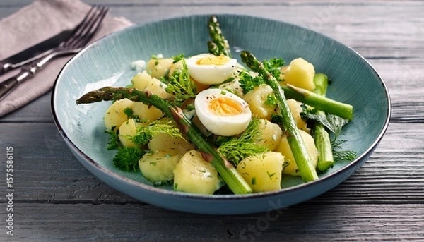 Obraz Potato sald with fresh herbs , eggs and green asparagus in a pale blue ceramic plate on gray wooden table. Generated image