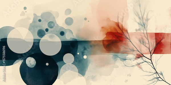 Fototapeta Abstract watercolor art with tree branches and circular shapes