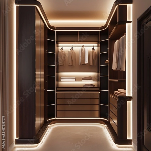 Fototapeta AI Generative. Luxurious Dark Wood Walk-in Closet with Ambient Lighting. 5