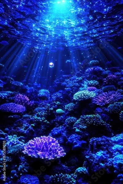 Fototapeta Sunlight pierces through deep ocean water, illuminating vibrant coral reefs teeming with marine life in a mesmerizing underwater scene.