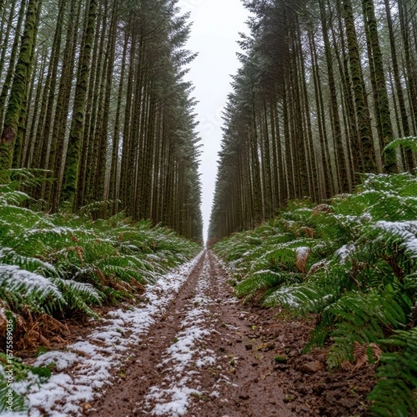 Fototapeta A narrow dirt path runs through a symmetrical forest of tall pine trees with green ferns dusted by a light layer of snow.