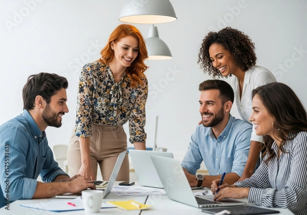 Fototapeta Happy Business Team Collaborating and Discussing Ideas in Modern Office