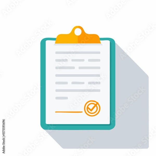Fototapeta A flat, illustrated clipboard with a document, checkmark, and shadow.