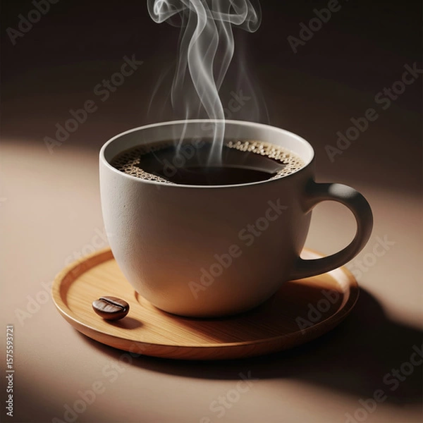 Fototapeta Steaming Cup of Freshly Brewed Coffee with Bean on Saucer