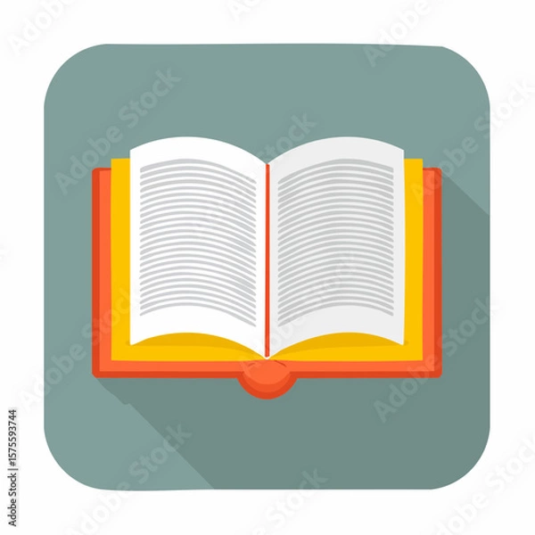 Fototapeta Open book with orange cover, pages filled with text, displayed on a square icon.