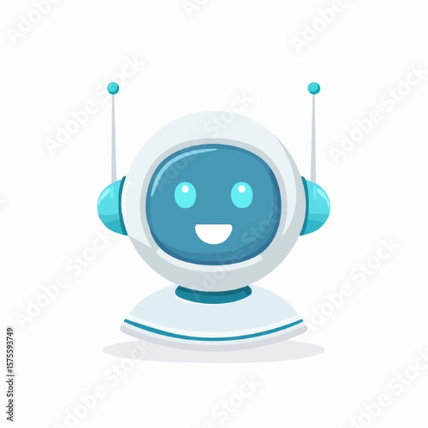 Fototapeta Cheerful cartoon robot, friendly AI, digital assistant, smiling face.