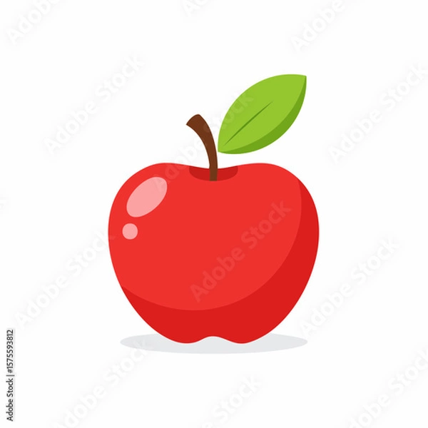 Fototapeta A vibrant red apple with a single green leaf, depicted in a simple, cartoonish style against a white background.