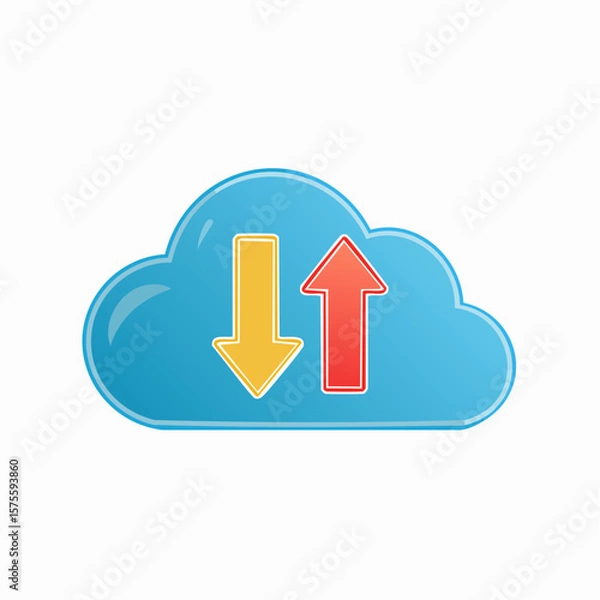 Fototapeta A blue cloud icon with a yellow download arrow and a red upload arrow.