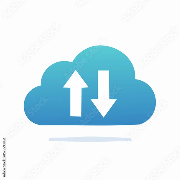 Fototapeta Cloud computing data transfer; upload and download arrows inside a stylized blue cloud.