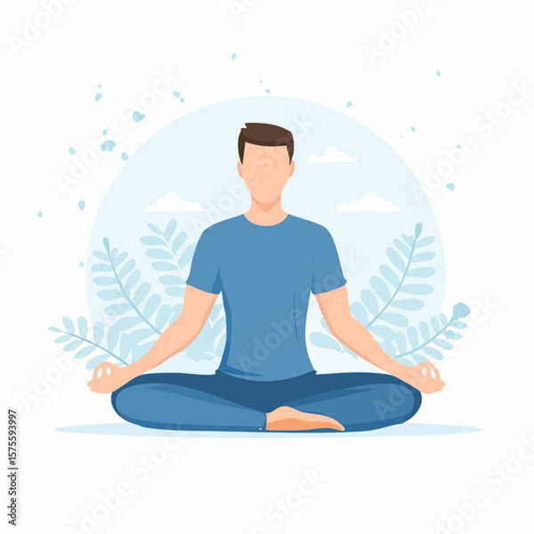 Fototapeta Man in lotus position meditating with a blue color palette and leaf background.