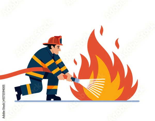 Fototapeta Firefighter in uniform extinguishing a fire with a hose, spraying water on the flames.