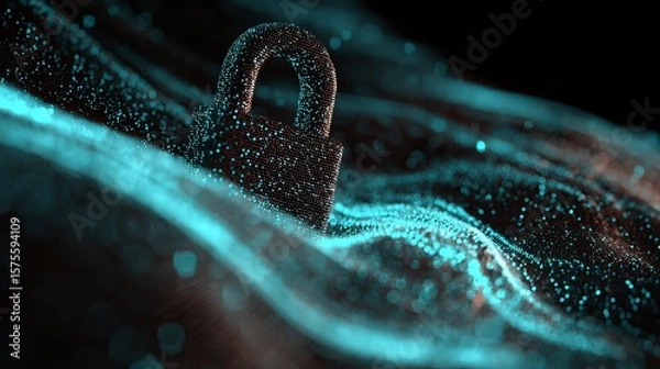 Fototapeta A digital lock amidst glowing particles, symbolizing cybersecurity and data protection in a futuristic setting.
