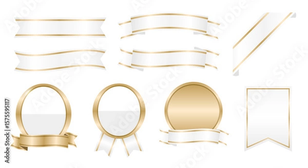 Fototapeta 白のリボンとゴールドのメダルセット(グラフィックデザイン グラデーション 高級感 デザイン素材 ベクター 編集可能)