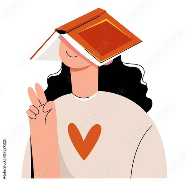 Fototapeta Young woman with a book covering her face, making a peace sign. Illustration symbolizes love for reading, relaxation, and playful attitude toward learning. Simple and modern vector design.