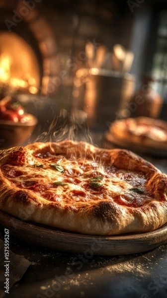 Fototapeta Deliciously hot pizza fresh out of the oven in a rustic kitchen setting at golden hour