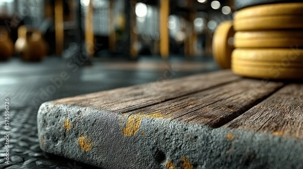Fototapeta Weights and wooden platform in modern gym with blurred background showcasing fitness equipment and atmosphere of training session