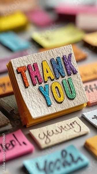 Fototapeta Handmade thank you cards in vibrant colors displayed on a wooden table during a creative crafting session