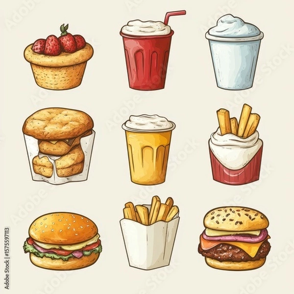 Fototapeta Delicious assortment of snacks and beverages arranged neatly on a light background showcasing favorite comfort foods