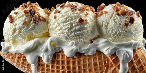 Fototapeta Indulgent ice cream sundae drizzled with creamy sauce and topped with crunchy bits