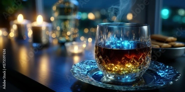 Fototapeta Warm evening drink in a cozy setting with candles and cookies on a table