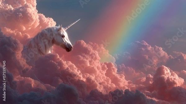 Fototapeta Magical unicorn emerging from fluffy clouds under a vibrant rainbow at sunset