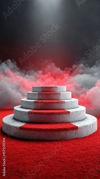Fototapeta Red carpet stage set against a dramatic smoky background creates a bold visual display ready for an event or performance