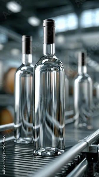 Fototapeta Glass bottles on a conveyor belt in a factory during the manufacturing process