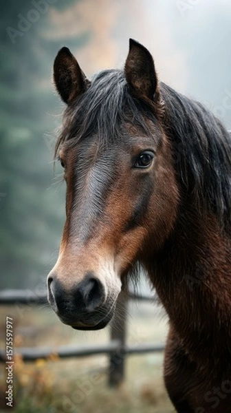 Fototapeta Horse with flowing mane stands quietly in a peaceful autumn landscape surrounded by trees