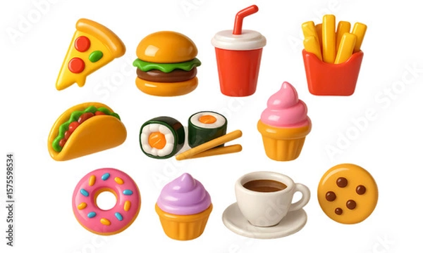 Fototapeta 3D glossy colorful food icons set – pizza, burger, soda, fries, taco, sushi, ice cream, donut, cupcake, coffee, cookie – transparent PNG with soft reflections