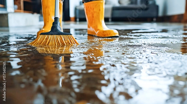 Obraz Person in rubber boots mopping a flooded floor, highlighting cleaning and water damage restoration. Concept of flood cleanup, maintenance, and disaster recovery