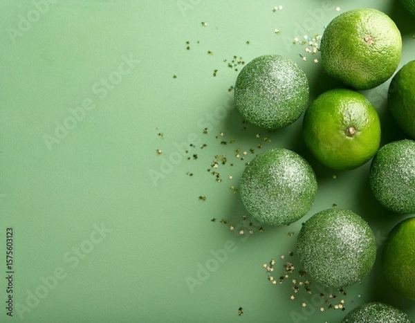 Obraz Pale green glitter Lime fruits on pale green background with copy space. Generated image