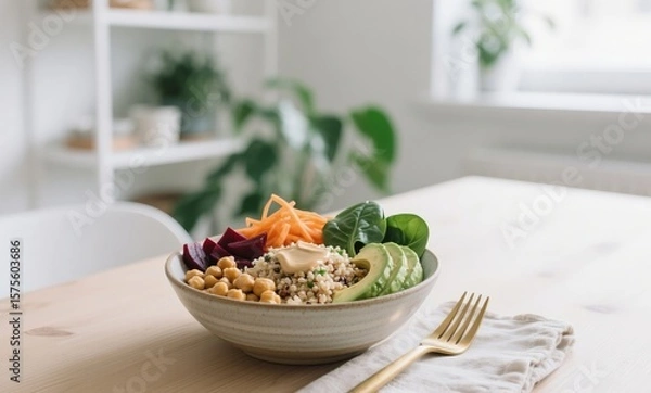 Fototapeta Vegan Buddha bowl in clean Scandinavian space with white interior, wooden table and linen props